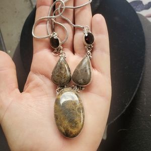 New Fossil Coral and Smoky Topaz 925 Silver Necklace.